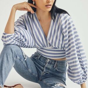 Dolan Blue and White Striped Long Sleeve Crop Top